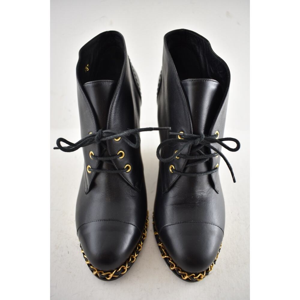 Chanel Black Leather Gold Chain Around CC Logo Lace Up Tie Ankle Wedge Boot 38.5 - Picture 6 of 16